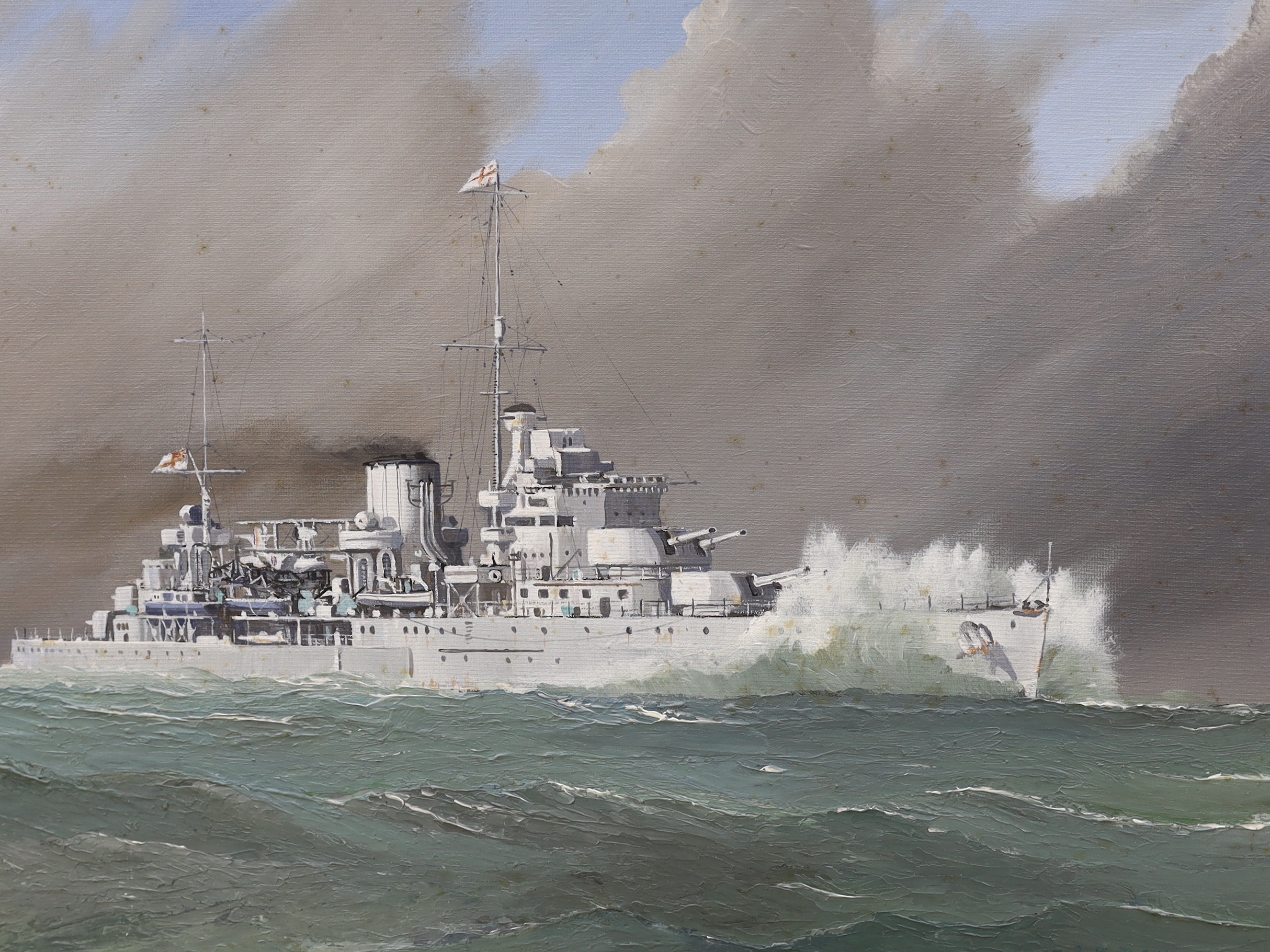 John Rohan Dominy (b.1926), pair of Naval interest oils on board, HMS Achilles, signed, details verso, 35 x 49cm